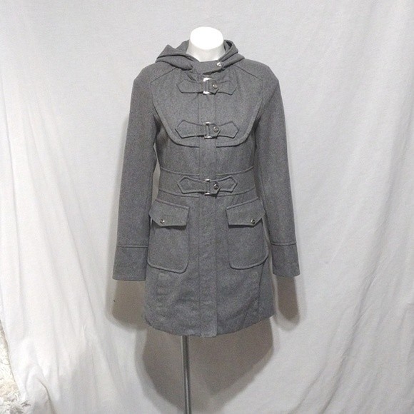 Steve Madden Wool Blend Zipped up Gray Trench Coat With Hoodie Small - Picture 3 of 10